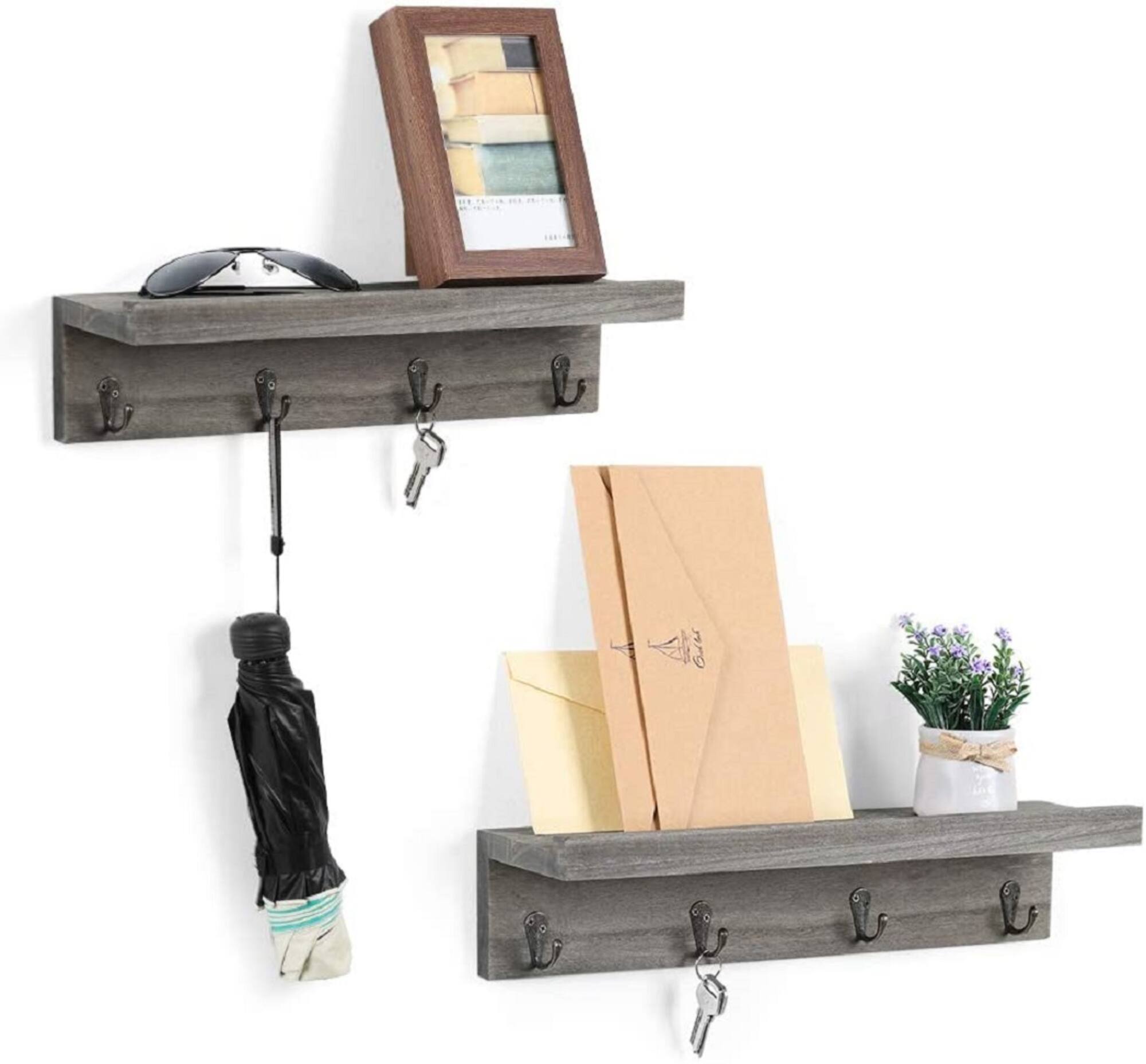 NEX™ 16" Rustic Gray Modern Wall-Mounted 4-Hook Coat Racks, 2ct.